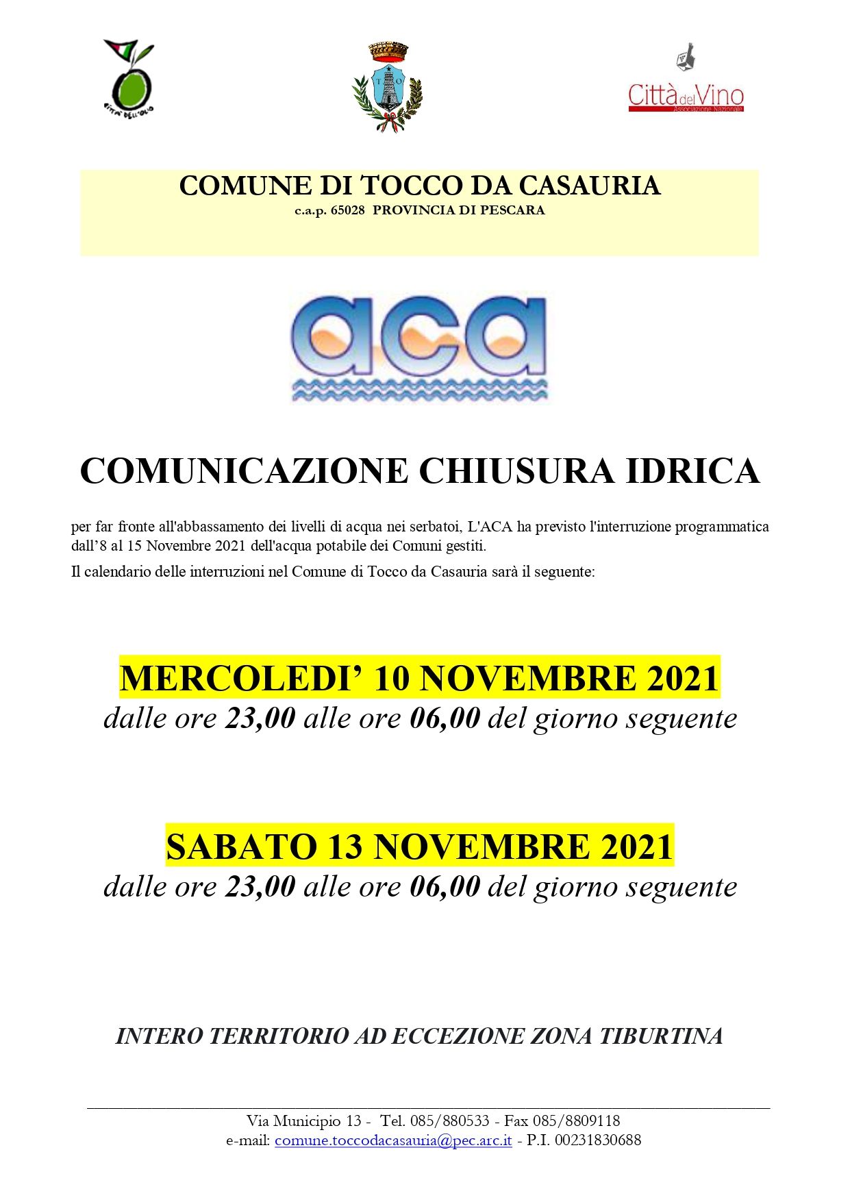 CALENDARIO CHIUSURA ACQUA